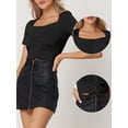 thumbnail image 2 of Unique Bargains Women's Sexy Square Neck Short Sleeve Lace Up Crop Tops L Black, 2 of 6