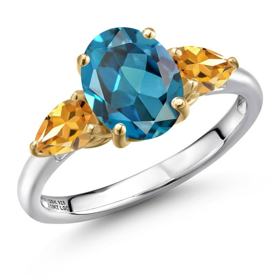 Gem Stone King 925 Silver and 10K Yellow Gold London Blue Topaz and Yellow Citrine Engagement Ring for Women | 2.91 Cttw | Oval 9X7MM | Gemstone November Birthstone | Size 9