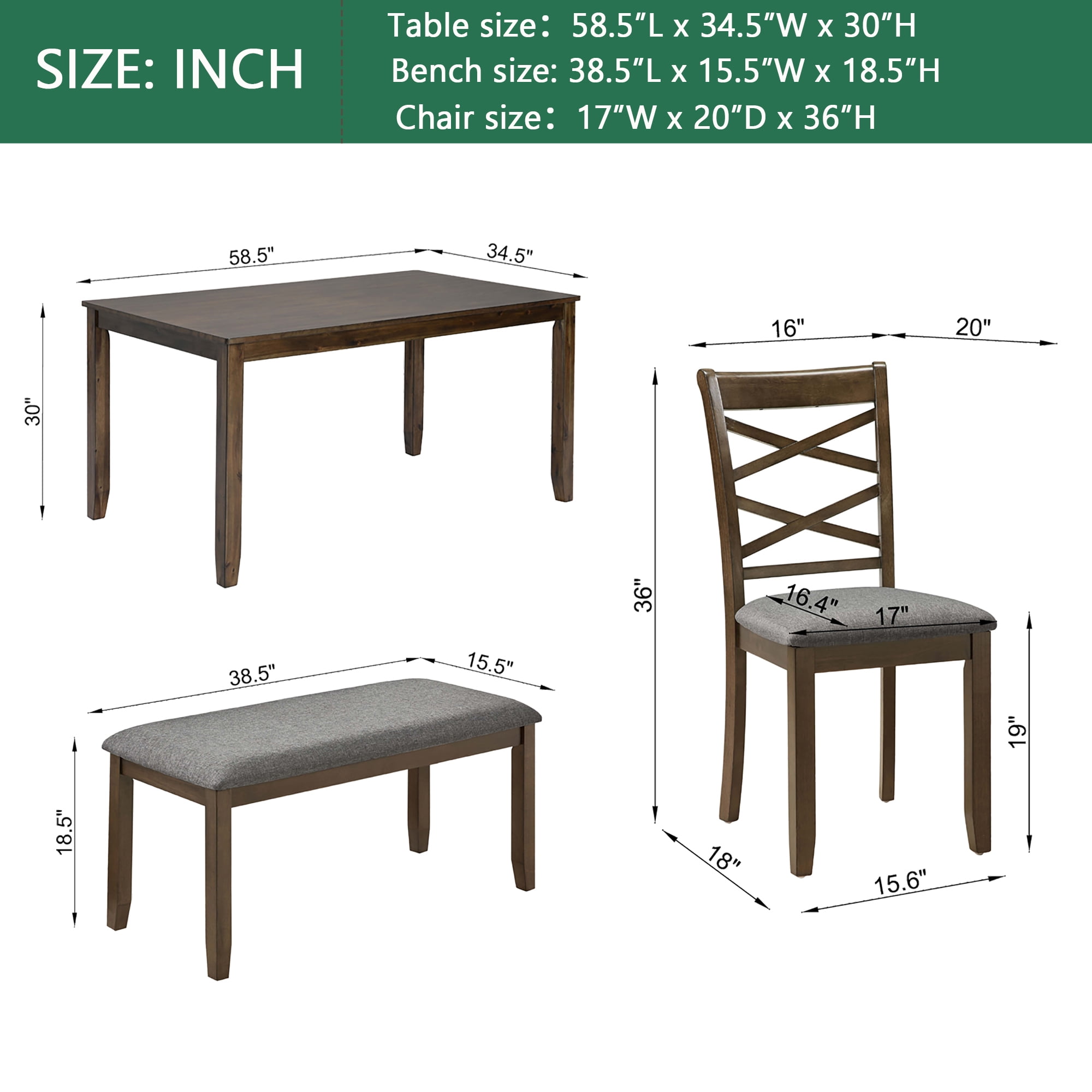 Leumius 6 Piece Kitchen Dining Set,Wood Rectangular Kitchen Table with 4 Upholstered Chairs and a Bench,Dining Table Set for 6 People,Kitchen Dining Table Set for Living Room, Home Bar and Kitchen