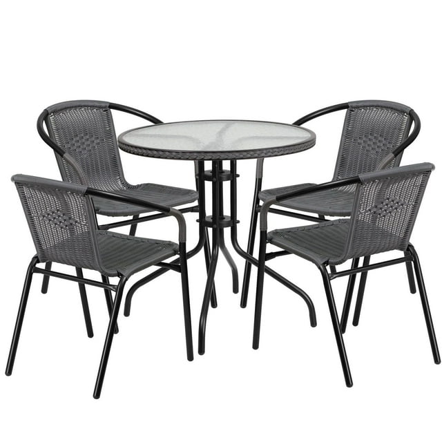 28'' Round Glass Metal Table with Black Rattan Edging and 4 Black Rattan Stack Chairs