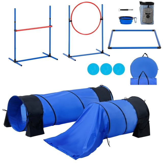 KFFKFF Canine Agility Prep Kit, 7-Piece Set Includes Variable Height Barriers, 6 Slalom Poles, Dual Tunnels, Hoop Jump, Resting Square, 3 Discs, Whistle, Collapsible Dish, with 3 Carry Bags