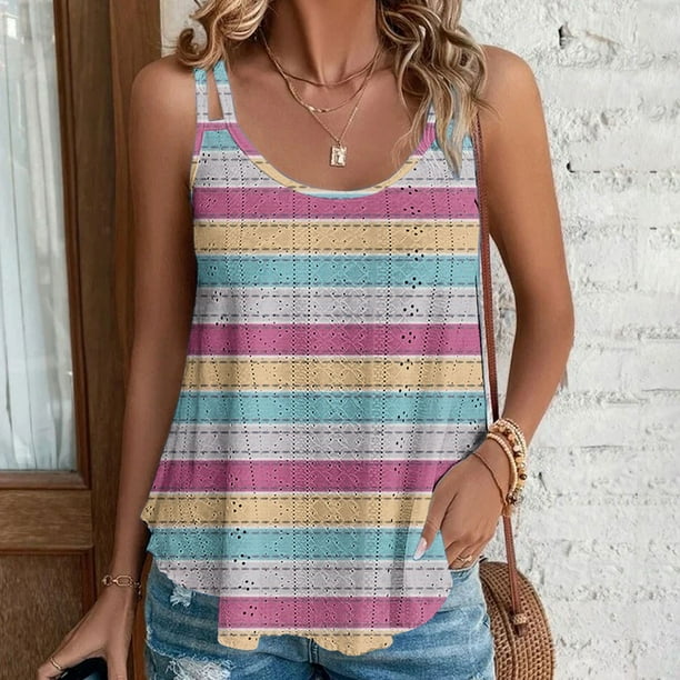 Puntoco Camisetas ajustadas para mujer Camiseta sin mangas de cuello redondo con estampado de moda informal y holgada de verano para mujer