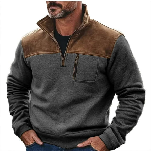 ShomPort Sweatshirt for Mens Quarter Zipper Stand-Collar Long Sleeve Patchwork Shirt Stylish Pullover Blouses with Chest Pocket
