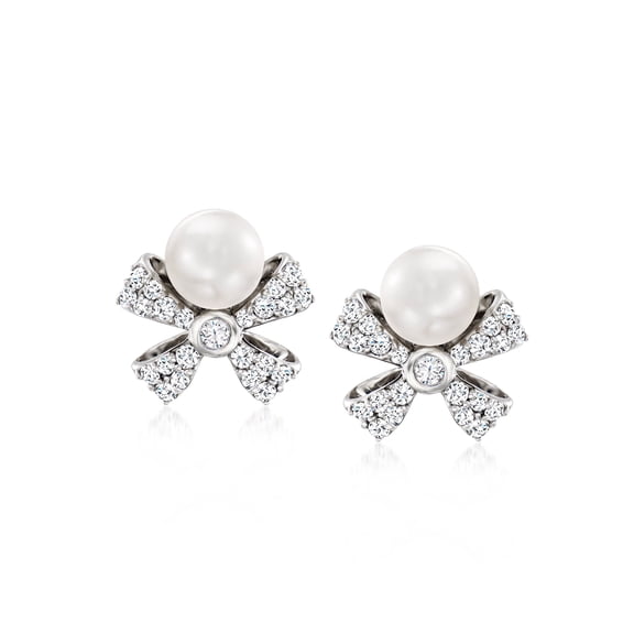 Ross-Simons 5mm Cultured Pearl and .25 ct. t.w. Diamond Bow Earrings in Sterling Silver, Women's, Adult