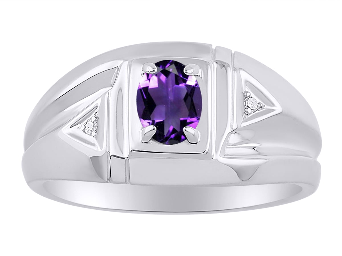 RYLOS Mens Rings White Gold Classic Designer 6X4MM Oval Gemstone & Genuine Sparkling Diamond