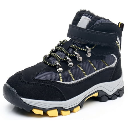 Image of Apakowa Kids Boys Outdoor Ankle Hiking Boots Hook and Loop Warm Winter Snow Boots with Short Fleece (Color : Black Size : 12 Little Kid)