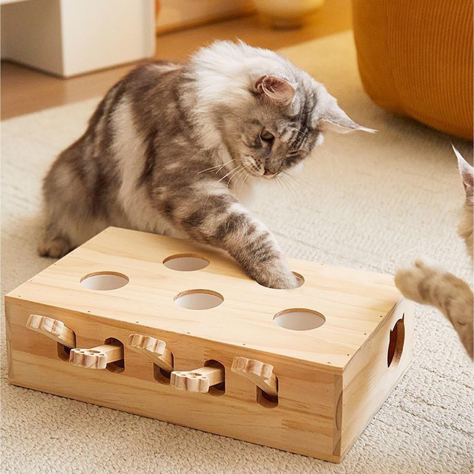 Cat Puzzle Toy Box - Solid Wood Whack-A-Mole Interactive Toy for Cats with Clicker Sound, Hide-and-Seek Design - Indoor Cats, Kittens for Boredom Relief, Mental Stimulation, Playtime Engagement