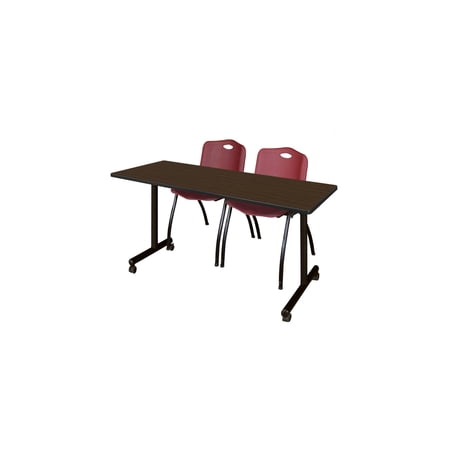 Regency Kobe 60 x 24 in. Mobile T-Base Training Table- Neo Walnut 2 M Stack Chairs- Burgundy