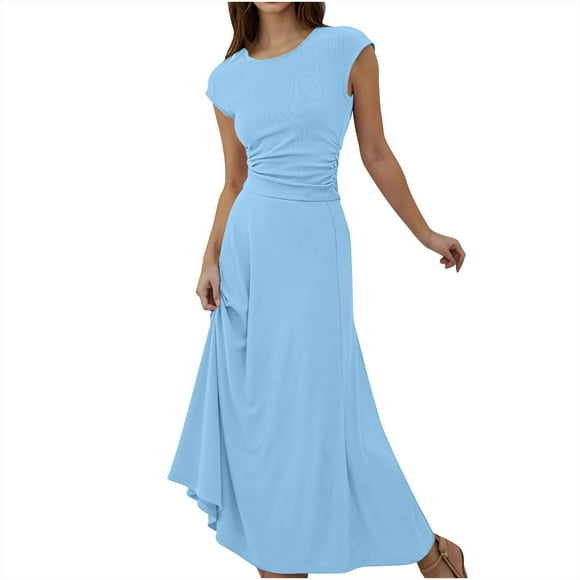 Yuyuzo Women Two Piece Skirt Set Ribbed Knit Crew Neck Short Sleeve Cropped Top Elastic Waist Casual Flowy Midi Skirts