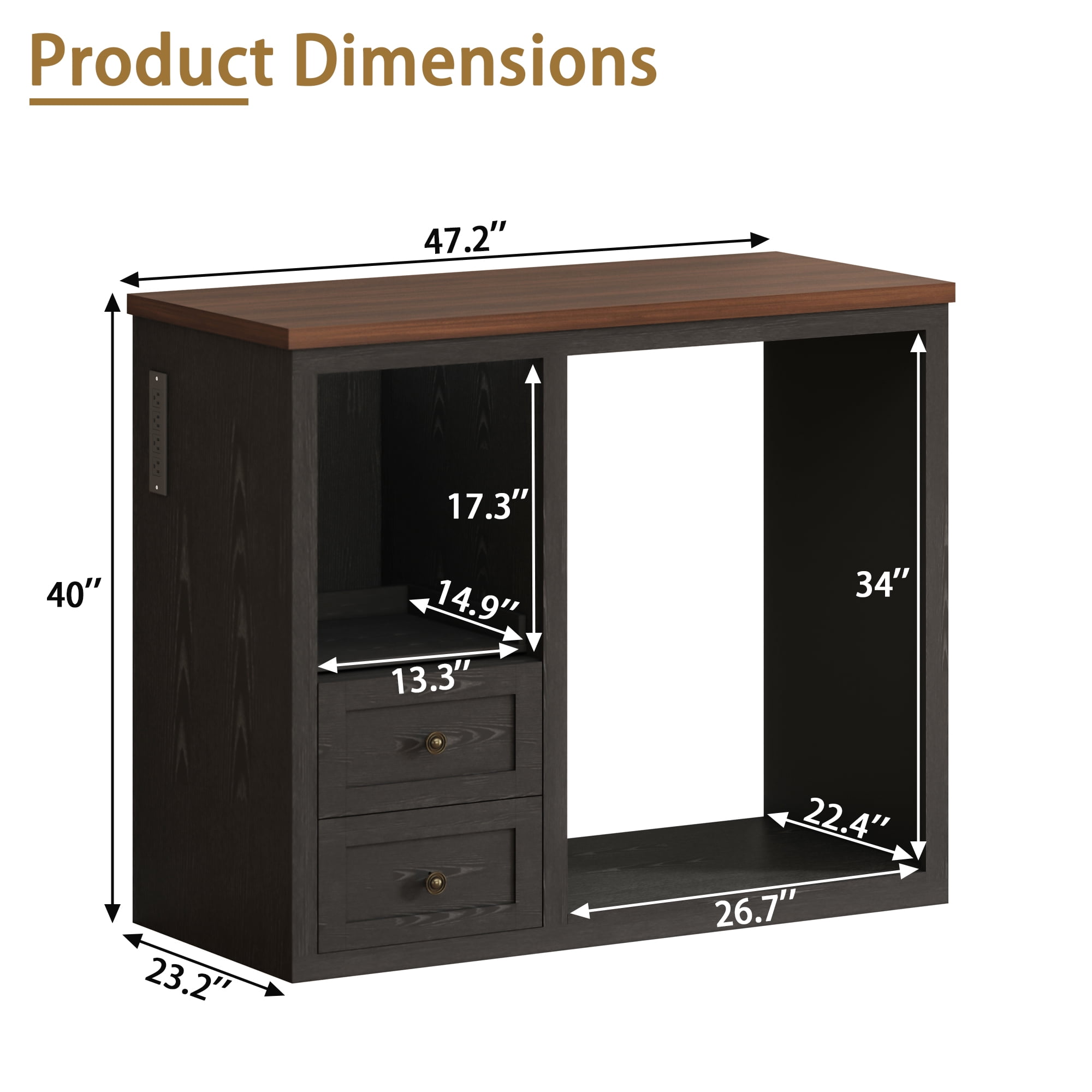 JassmiPkwy Mini Fridge Stand with Built-in Storage, Coffee Bar Cabinet with 2 Drawers & Power Outlet, for Coffee Maker, Microwave, Black