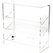 Plymor Clear Acrylic Locking Display Case with Sliding Back, 3 Angled Shelves, 16.25" H x 16.25" W x 7" D
