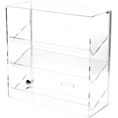 Plymor Clear Acrylic Locking Display Case with Sliding Back, 3 Angled Shelves, 16.25" H x 16.25" W x 7" D
