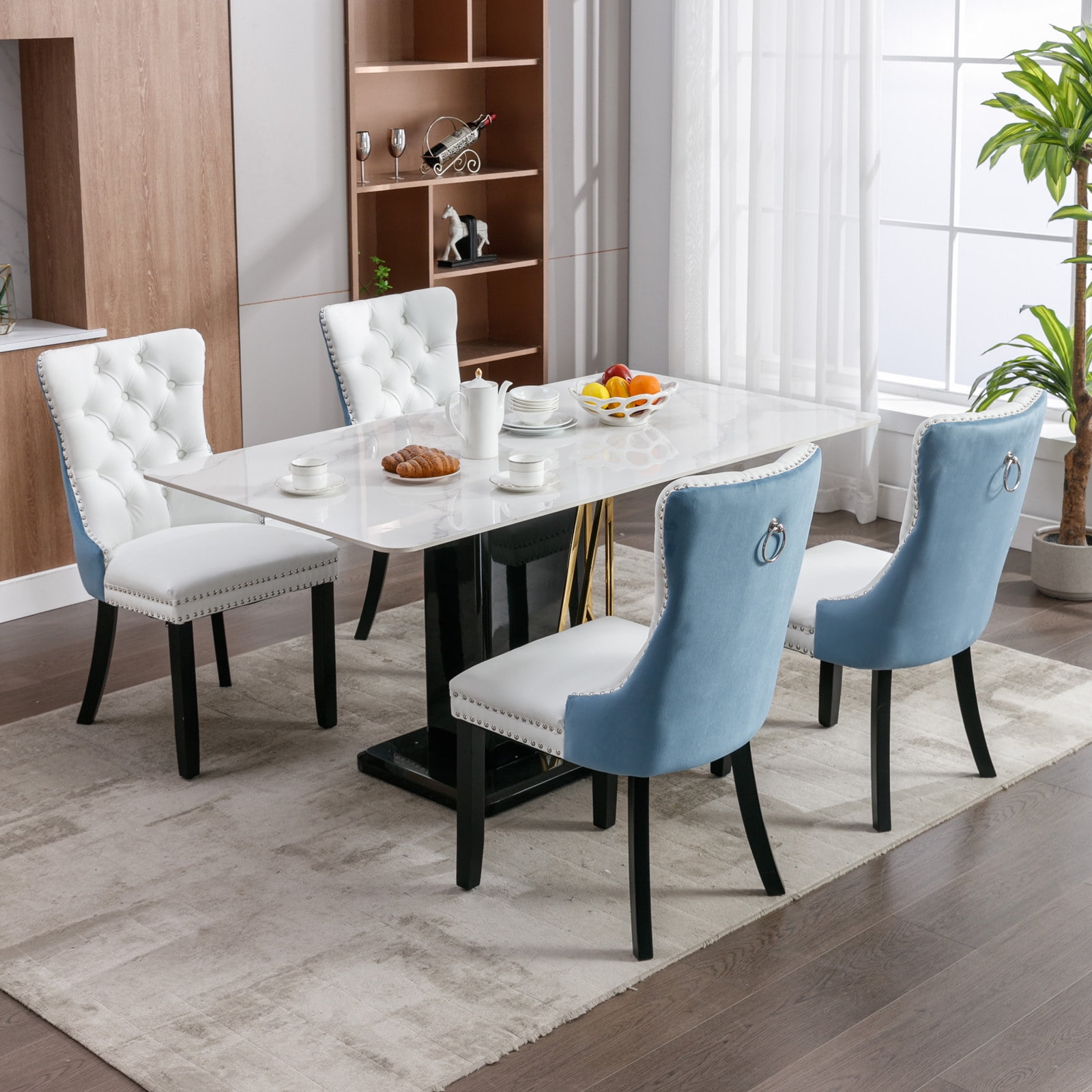 Gewnee 2-Pcs Set Modern High-End Tufted Solid Wood Contemporary PU and Velvet Upholstered White+Light Blue Dining Chair with Wood Legs Nailhead Trim