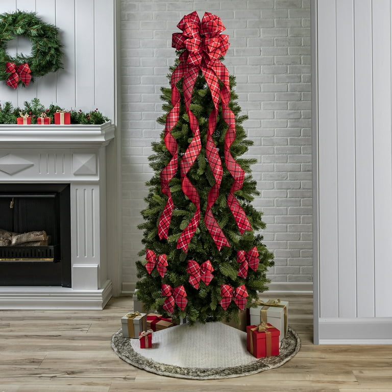 New Traditions Simplify Your Holiday Red, Black and Gray Large Windowpane Plaid Ribbon Christmas Tree Topper Bow and 12 Mini Bows (13-Pieces)