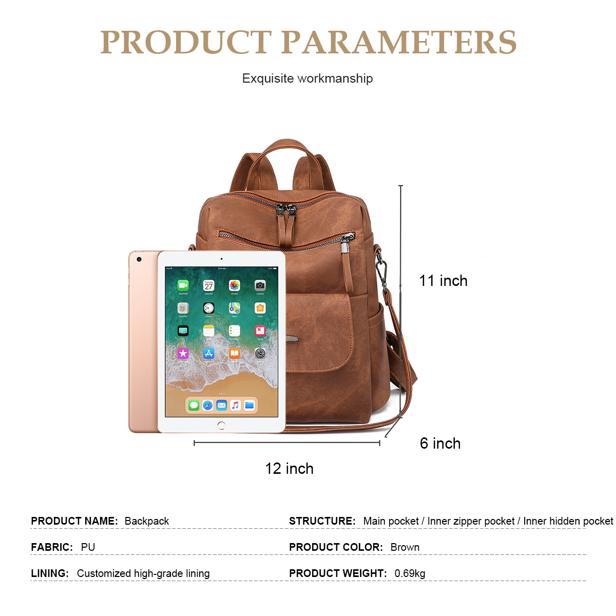 Honglong Women's Backpack Purse, Waterproof Leather, Brown photo 4