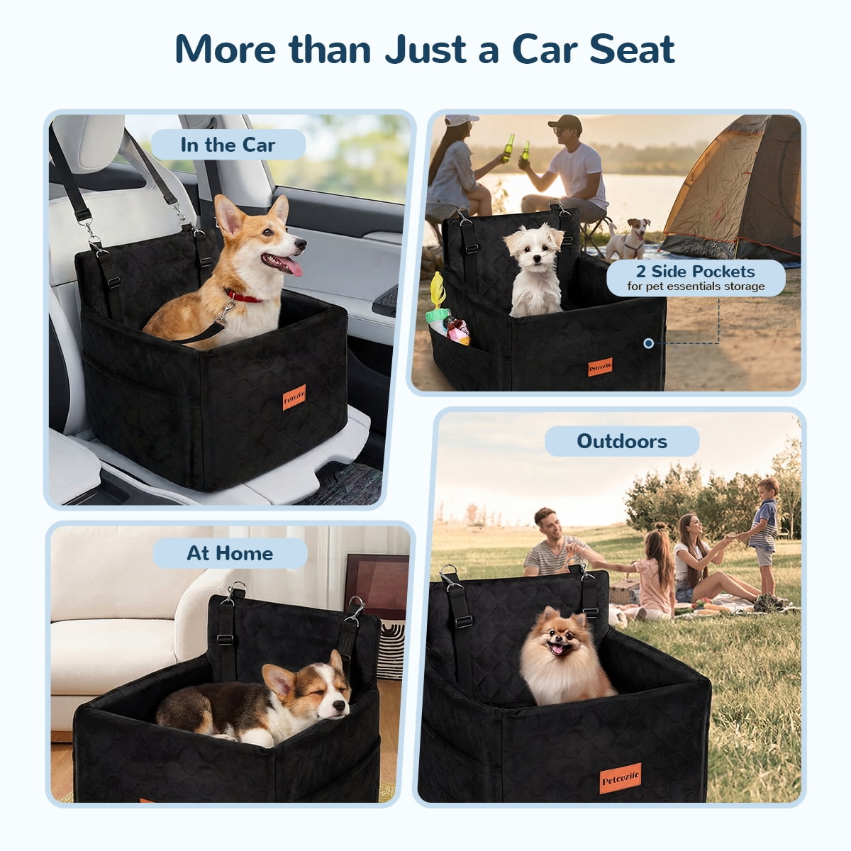 Dog Booster Car Seat for Small/Medium Dogs Up to 35lbs, DOMIPET Pet Car Travel Bed with Storage Pockets & Safety Belt, Elevated Cushion Fully Detachable and Washable