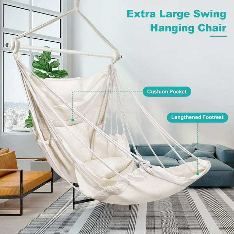Hammock Chair, Hanging Chair with 3 Cushions and Foot Rest Support, Durable  Metal Spreader Bar Max 440 Lbs, Swing Chair for Bedroom, Indoor & Outdoor,  Patio, Porch or Tree（White） 