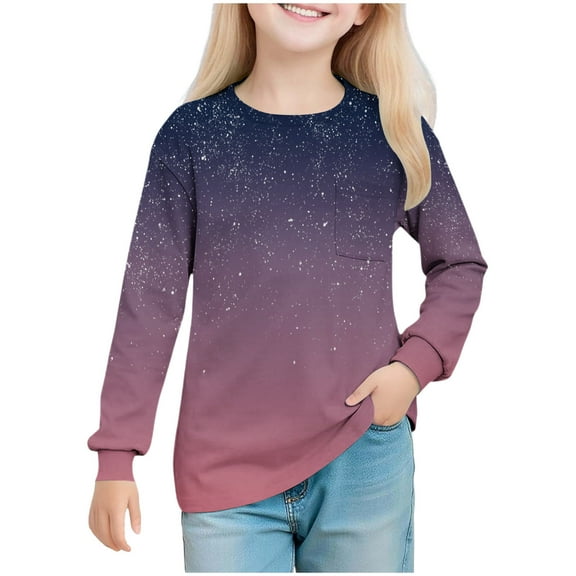 Efsteb Girls Tops Long Sleeve Soft Crew Neck Gradient Print Casual Comfy Tunic Tops for All-Season Styles(Multicolor,7 Years)