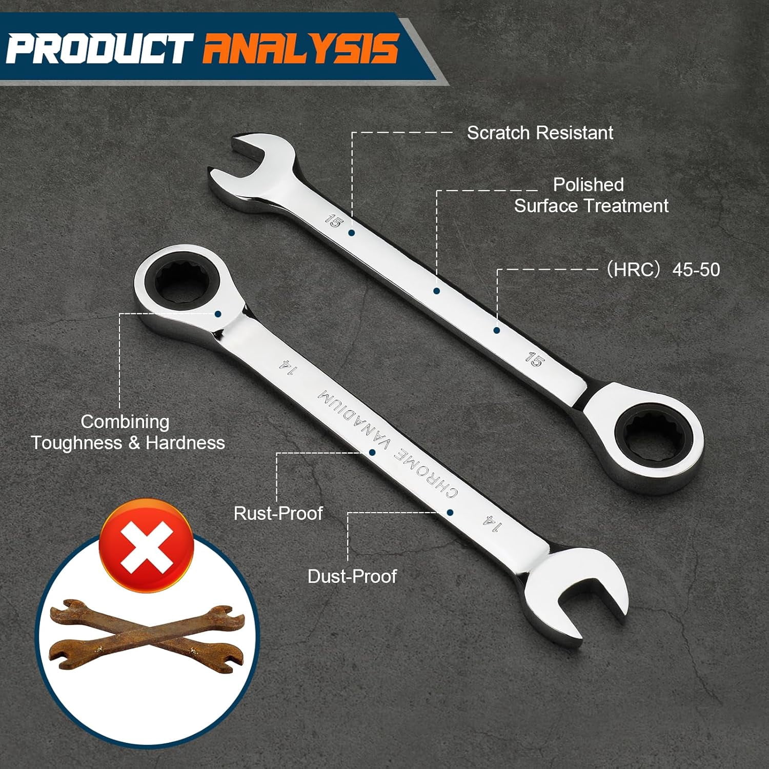 22-piece Ratcheting Combination Wrench Set, 72 Teeth Ratchet Wrench, Metric 6-18mm & SAE 1/4-3/4", Cr-V Constructed, with Organization Canvas Bag