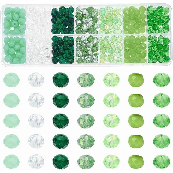 350pcs Green Glass Beads 8mm Faceted Beads 7 Styles Briolette Loose Beads Spacers Craft Beads for St Patrick Bracelet Necklace Earring Keychain Jewelry Making Decoration diy