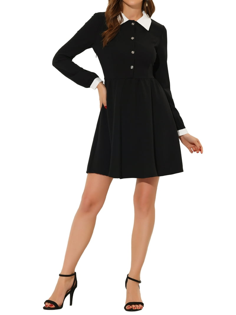 black long sleeve dress with white peter pan collar Amazon.com: LUYANA Women Casual Long Sleeve Peter Pan Collar A Line Fit and  Flare Skater Dress Black XS : Clothing, Shoes & Jewelry