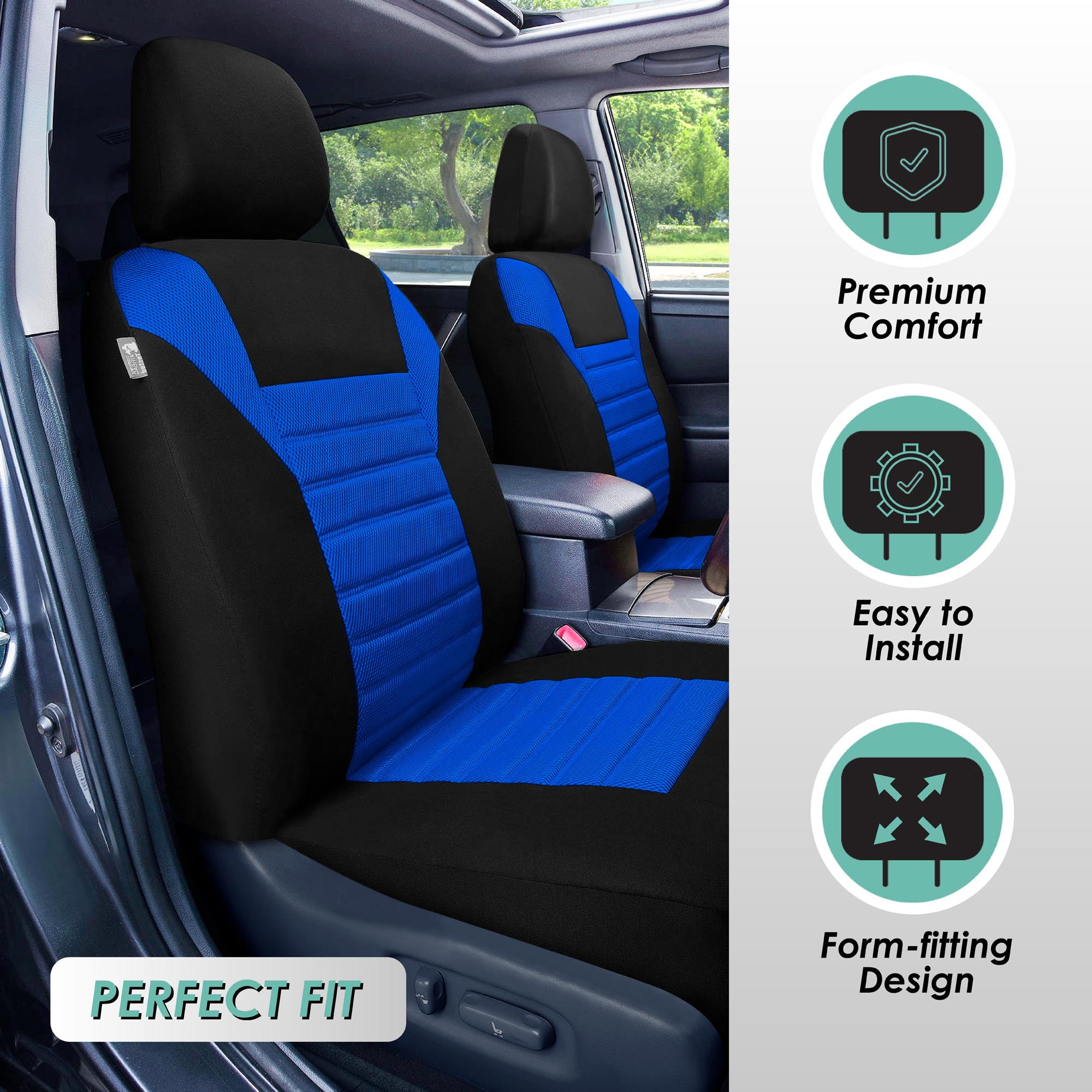 FH Group 3 Row Universal Fit Car Seat Covers Premium 3D Air Mesh with Removable Headrest,  Airbag Compatible for SUV, Sedan, Van Blue - 7 Seater