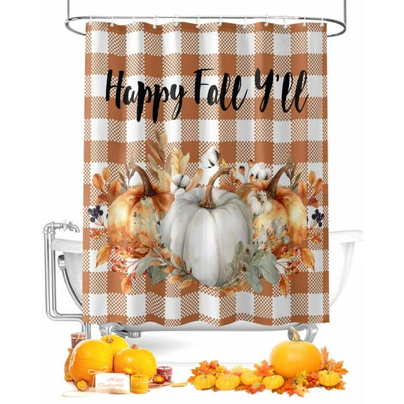 Happy Fall Y'all Shower Curtain Set ，Waterproof Fabric Shower Curtains Harvest Pumpkin Thanksgiving Fall Leaves Orange Plaid Shower Curtains for Bathroom,Bathroom Decor 48"x72"