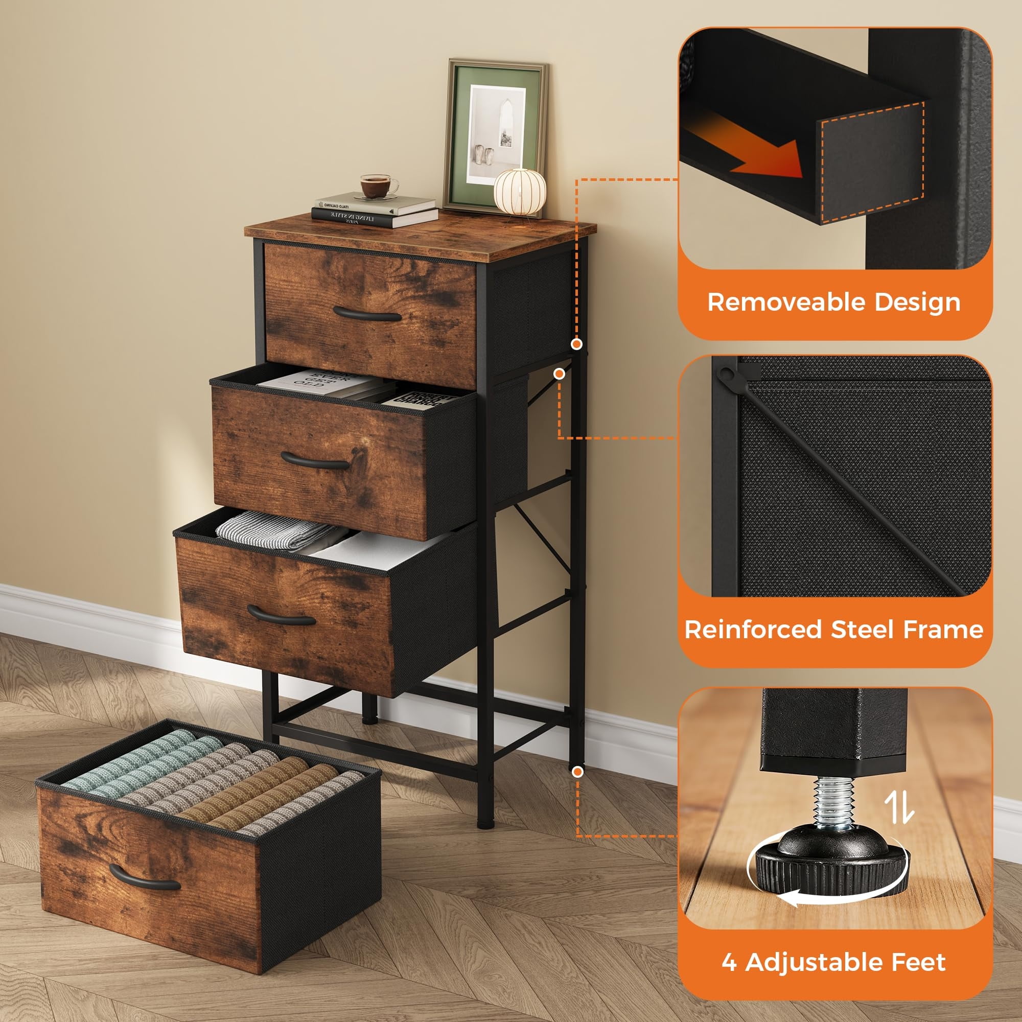 Telyra 4-Drawer Fabric Dresser 37.4" Tall Storage Tower with Wood Top and Steel Frame Narrow Organizer, Rust