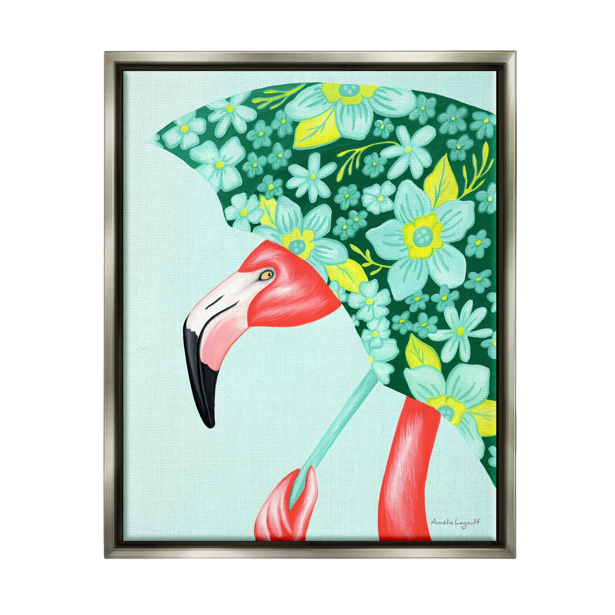 Stupell Industries Summery Pink Flamingo Floral Petal Patterned Umbrella Graphic Art Luster Gray Floating Framed Canvas Print Wall Art, Design by Amelie Legault