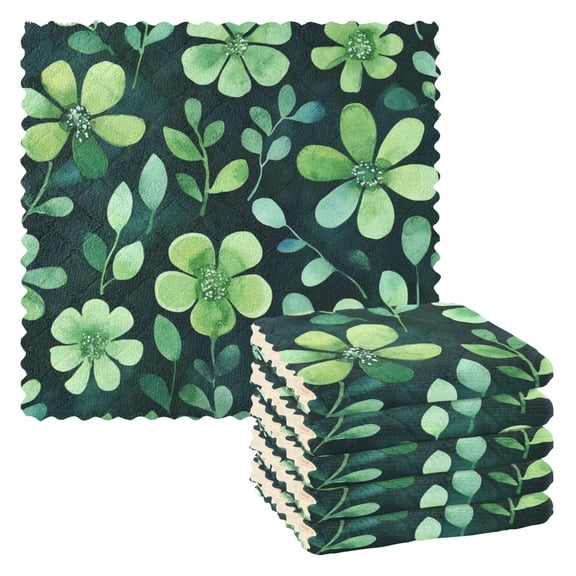 6 Pieces of Kitchen Towels 11x11Inch Kitchen Dish Cloths Kitchen Dish Towels Reuseable Cleaning Cloths Cartoon Green Flowers