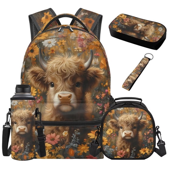 Jeiento Highland Cow Backpack for Girls 10-12 with Lunchbox, Water Bottle Holder, Pencil Case & Keychain Set of 5 Lightweight 17 Inch Bookbag for Elementary Middle School 3rd-6th Grade