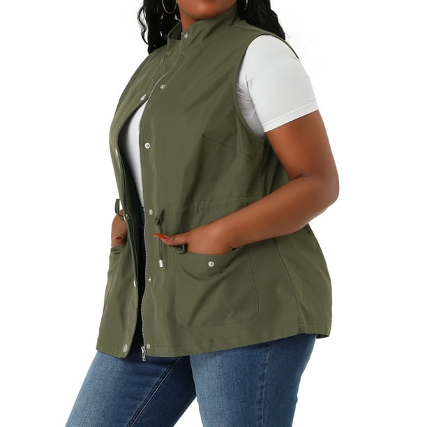 Women's Plus Size Utility Vest Stand Collar Cargo Pocket Drawstring Waist Sleeveless Jacket ArmyGreen 3X