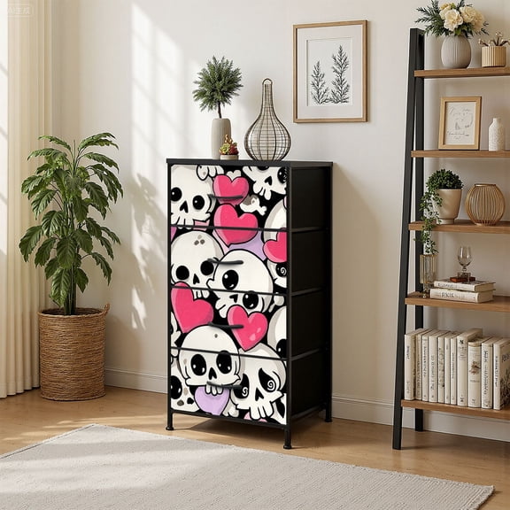 4 Drawer Vertical Storage Dresser Cute skull hearts Multicolor Skulls Day Dead with Wood Top Fabric Pull Drawers