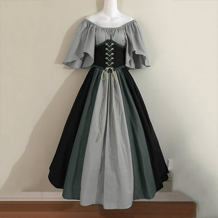 Fartey Plus Size Womens Victorian Dress Flare Sleeve Off Shoulder Medieval Vintage Dresses with Corset Patchwork Ball Gown Prom Dress on Clearance Dark Gray XL