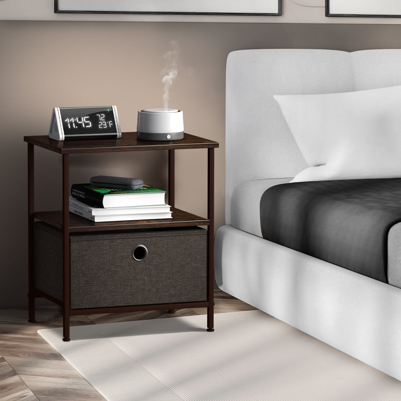 Sorbus 1-Drawer Nightstand with Shelf, Fabric Bin Storage, Steel Frame, Brown