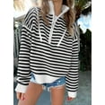 thumbnail image 6 of Women Striped Half Zip Long Sleeve Ribbed Knit Pullover Comfy Casual Light-Weight Tops Fall Fashion Black M, 6 of 8
