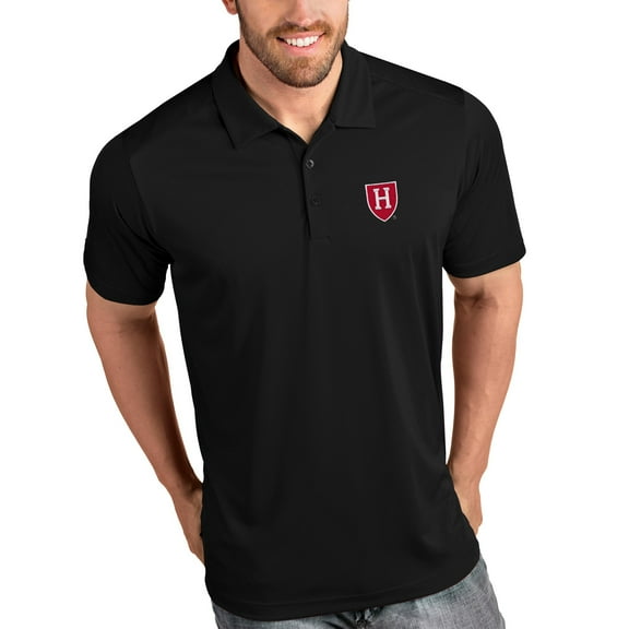 Men's Antigua Black Harvard Crimson Tribute Polo