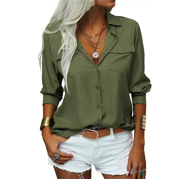 Women's Long Sleeve Solid Color Button Turn-down Collar Blouse Tops with Pockets