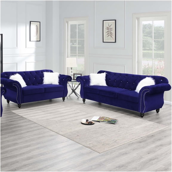 JERFIT 2-Piece Indigo Velvet Sofa Set with Loveseat, Tufted Back and Silver Nailhead Trim for Luxury Living Room