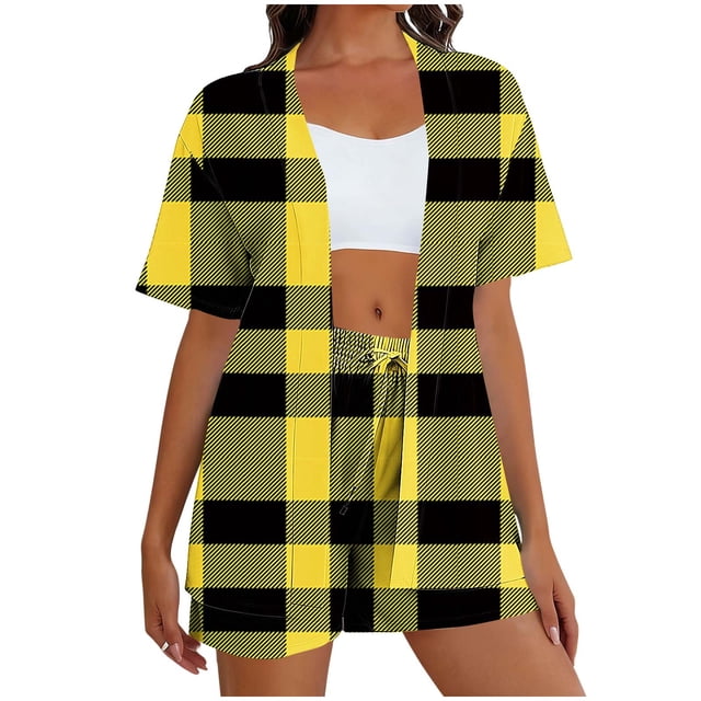 RXMEKW Ensemble Décontracté pour Femmes, Haut à Manches Courtes Imprimé et Shorts, Ensemble de Pyjama 2 Pcs avec Poches, Polyester Doux pour Dormir et la Maison