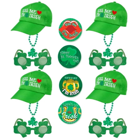 St Patrick's Kiss Me I'm Irish Shamrock 16pc 4 Adult Party Accessory Kit, Green