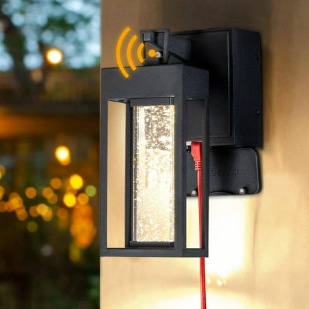 

Modern LED Outdoor Matte Black Dusk to Dawn Sensor Wall Lantern Sconce with Seeded Glass and Built-in GFCI Outlets
