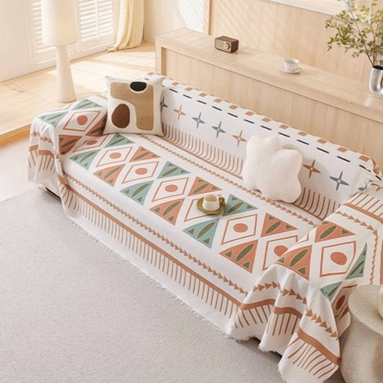 Croniis Boho Sofa Cover with Anti-slip Velcro Tape, Couch Blanket Cover Sectional Sofa Cover for Boho Style, Revitalizing the Old Sofa,Couch Protector,Printing Process 71*71in