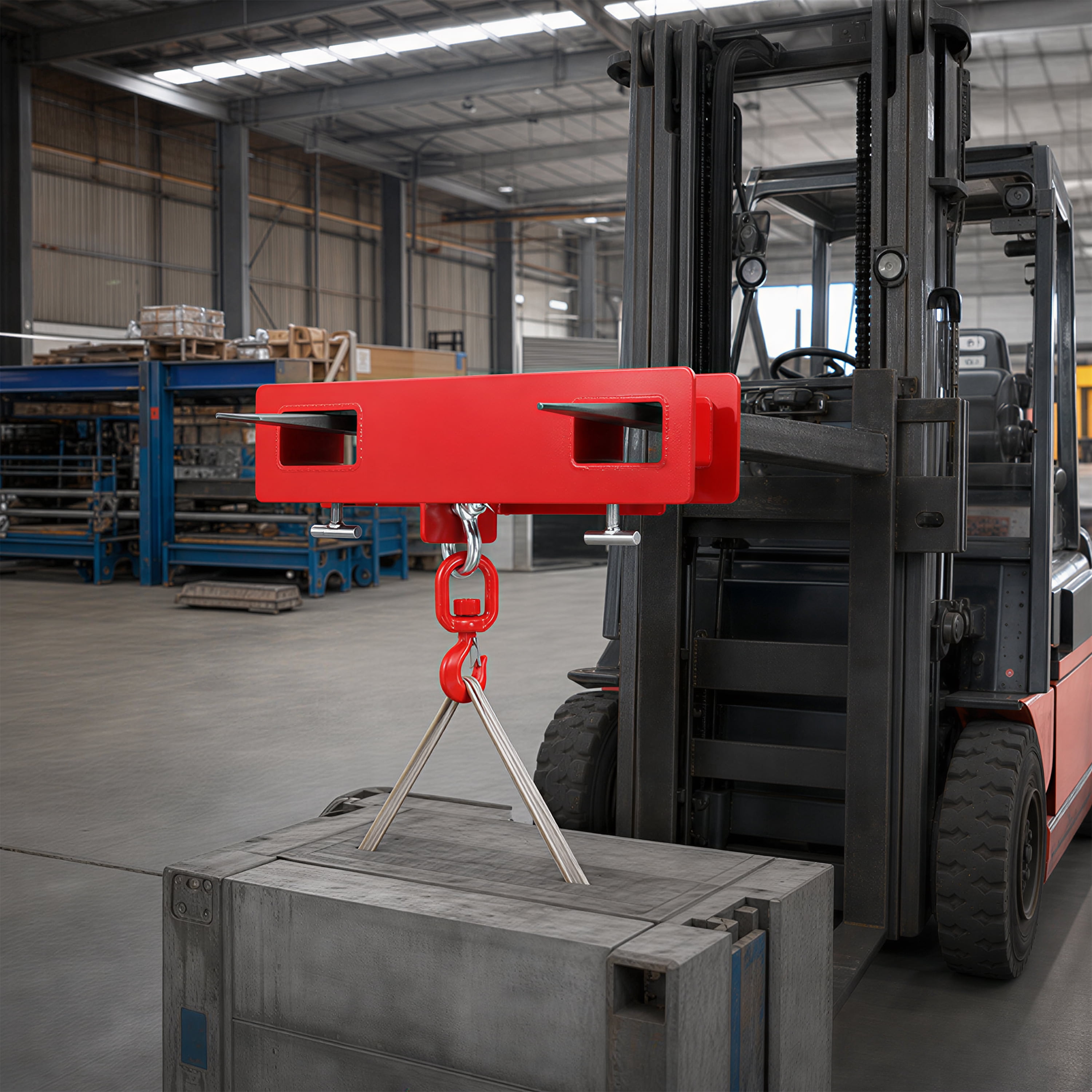 Heavy Duty Forklift Mobile Crane Attachment, 4400 LBS Load Capacity Fork Lifting Hoist with Safety Hook & Dual Large T-Bolts, Red Forklift Fork Mount Lifting Hook for Warehouse Material Handling