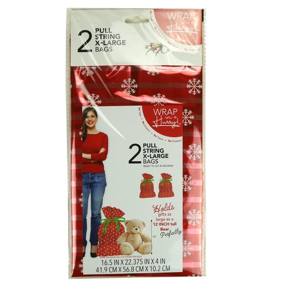 Wrap-In-A-Hurry Pull String Gift Sack, Red and White Snowflakes