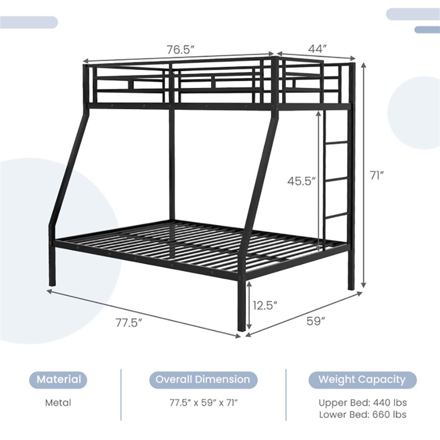 Demi Bonn Twin Over Full Bunk Bed with Safety Rail and Ladder, Twin Bunk Beds, Space-saving Metal Slatted Bed Frame, No Box Spring Needed, Black