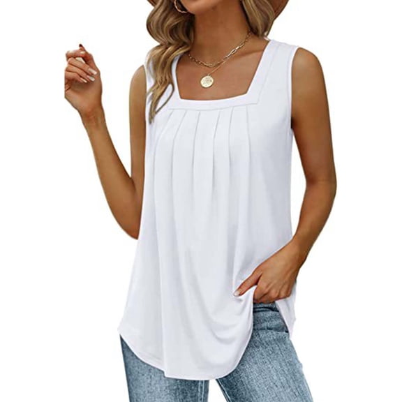 Women Tank Tops Summer Pleated Flowy Sleeveless Tops Dressy Casual Square Neck Shirts