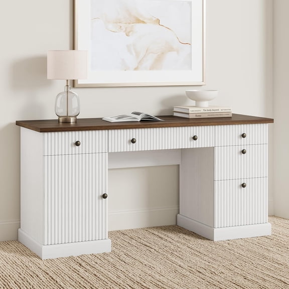 Fluted Home Office Desk Storage, 60" Modern Executive Desk with Charging Station, Wooden Computer Writing Desk with File Cabinet & Drawers for Study, Living Room, Bedroom-Brown&White