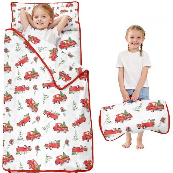 Red Christmas Truck Pattern Toddler Nap Mats for Kids Preschool,50"x20" Sleeping Mat Bag or Kids,Toddler Sleeping Bag,Toddler Nap Mat or Daycare