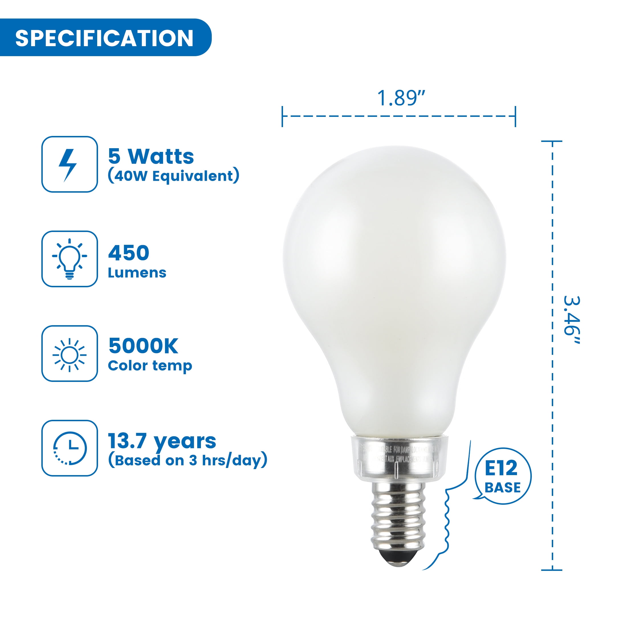 Great Value A15 LED 5W (40W Equivalent) Daylight E12 Candelabra Base Ceiling Fan Light Bulbs, Dimmable, 2 Pack